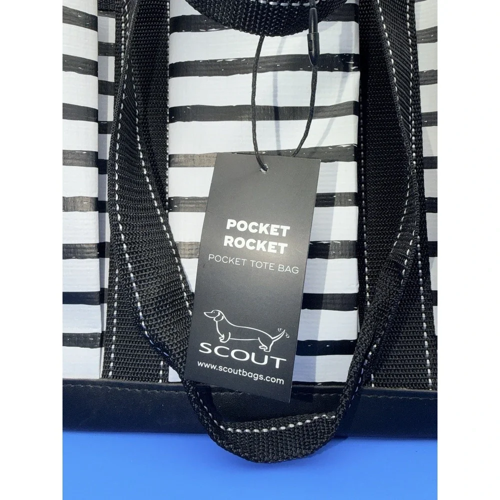 SCOUT Pocket Rocket Tote Oxford News Black White Stripe 6 Pocket NWT Zip Top